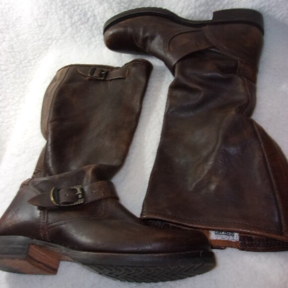 S-131 WOMENS FRYE VERONICA SLOUCH BROWN LEATHER ENGINEER BOOTS - Picture 2 of 16